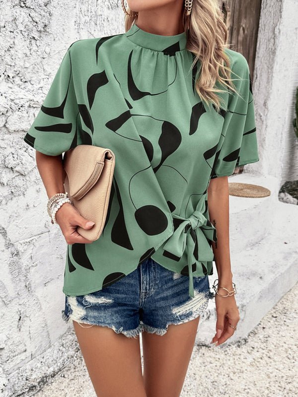 New stand collar casual loose printed short sleeve top - Top